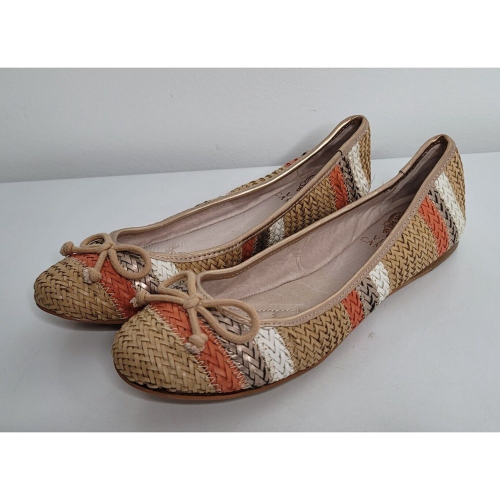Vince Camuto Womens 8.5 VC Lyon Ballet Flats Shoes Brown Woven Basket Weave Bow